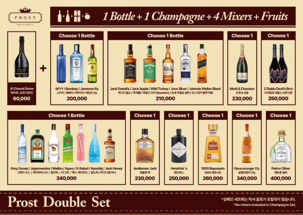 1 Bottle + 1 Champagne + 4 Mixers + Fruits