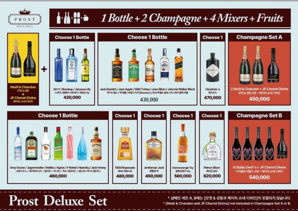 1 Bottle + 2 Champagne + 4 Mixers + Fruits